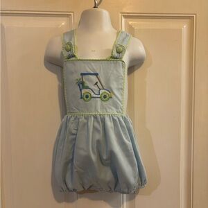 NWOT 18M Remember Nguyen blue embroidered Golf Cart Brady Bubble Sunsuit.